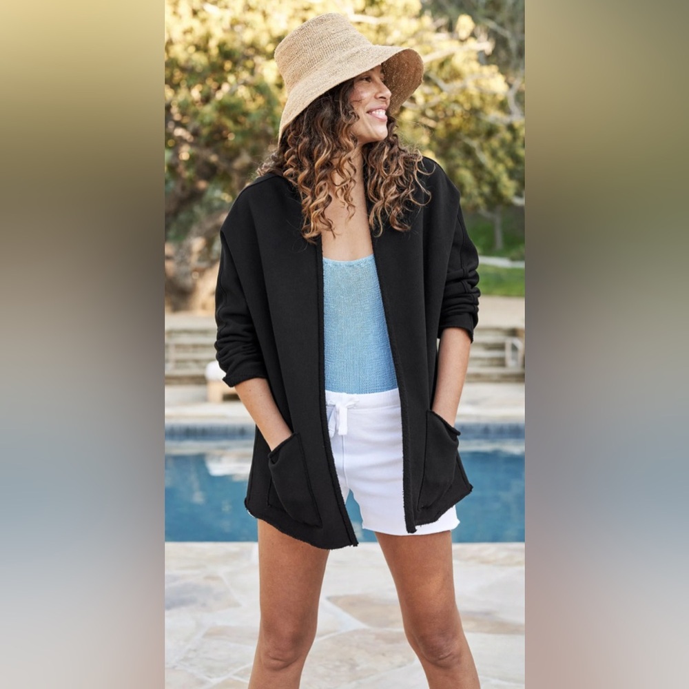 Frank & Eileen BARBARA Black Triple Fleece Open Front Cardigan Size Large.